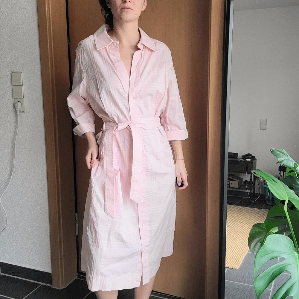 Burberry London Pink Embossed Plaid Belted Button Down Shirt Dress Women's Large - Picture 14 of 15